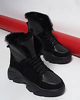 Зимние спортивные ботинки с мехом на высокой подошве высокие кроссовки зима черные размер 36 - 41