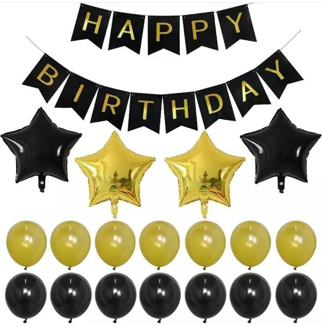 Набір із кульок з гірляндою HAPPY BIRTHDAY | Чорно-золоті зірки