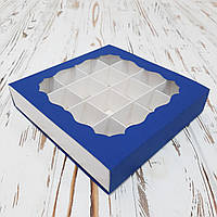 Коробка для конфет на 16 конфет с окном синяя 160х160х35 мм.