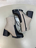 Эксклюзивные женские ботильоны на каблуке натуральная кожа, черно-бежевые.Ботинки для женщин весна-осень,зима