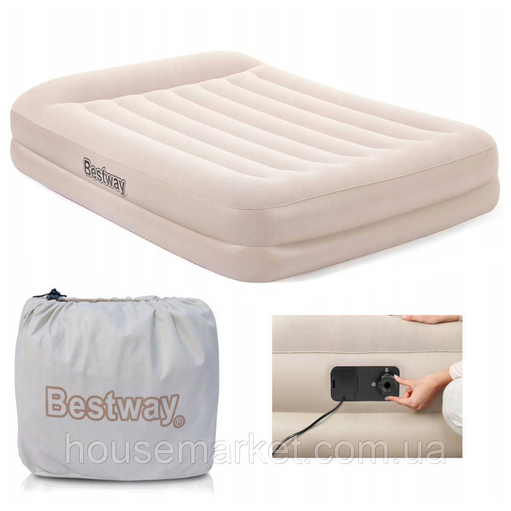 Велюрова двоспальне ліжко-матрац 203*152*42 см BESTWAY 67696 з вбудованим електро-насосом - фото 1 - id-p1321377406
