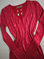 Платье женское с напылением вязаное в рубчик серебристо-красный 42-46