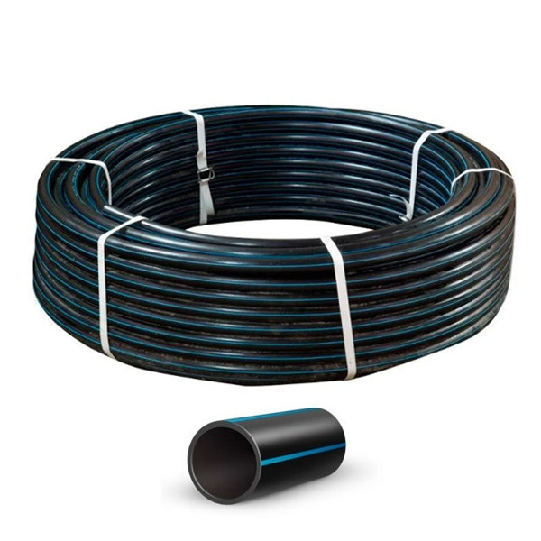 Труба полиэтиленовая 40 водопроводная черная с синей полосой (100/200м бухта) - фото 1 - id-p466704710