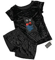 Велюрова жіноча піжама футболка і шорти 609 чорний кролик.