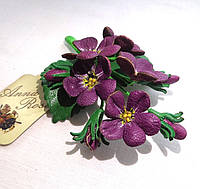 Брошь цветок из кожи ручной работы букет "Фиолетовые фиалки"