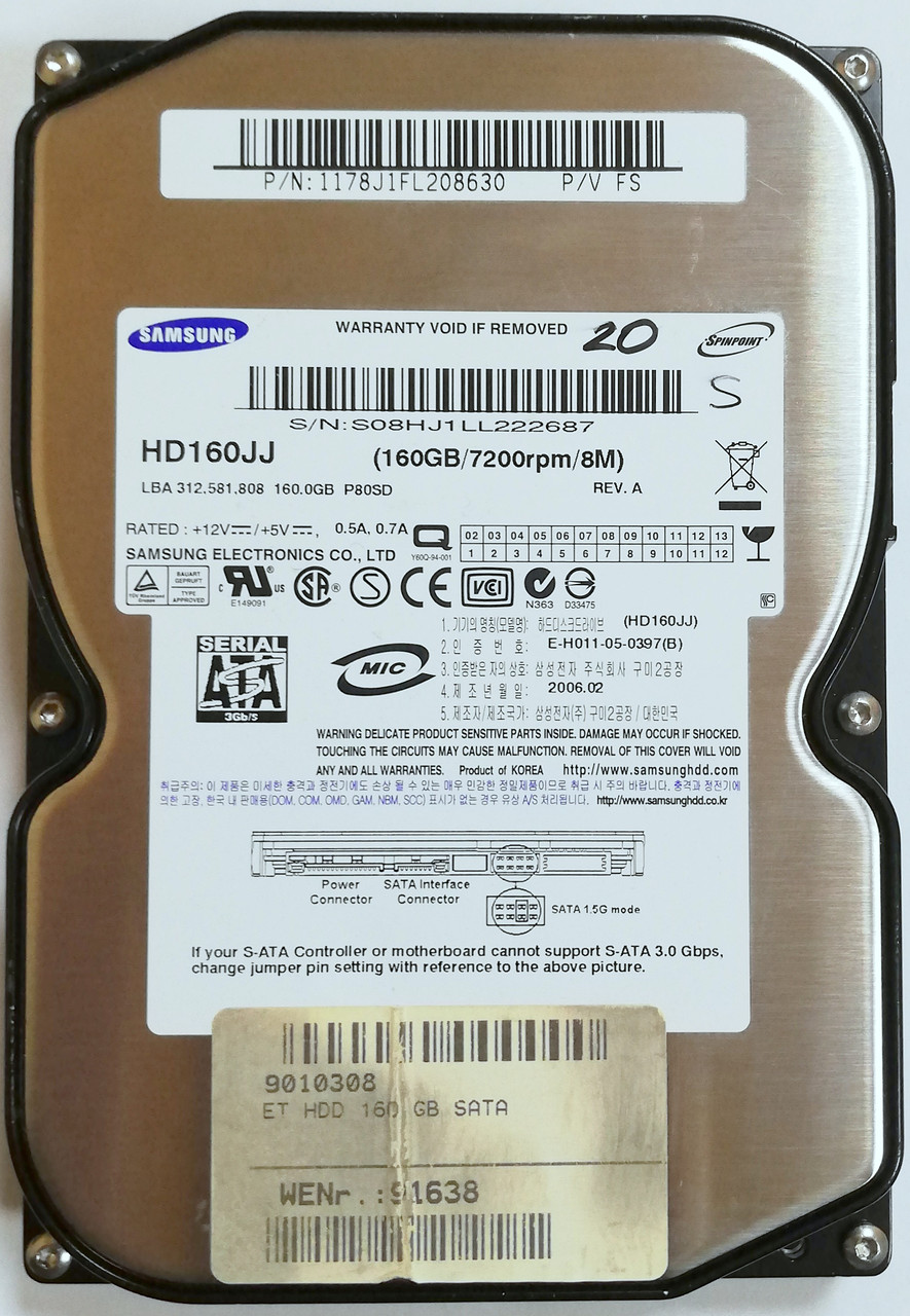 Жесткий диск для компьютера Samsung Spinpoint 160GB 3.5" 8MB 7200rpm 3Gb/s (HD160JJ) SATA II Б/У