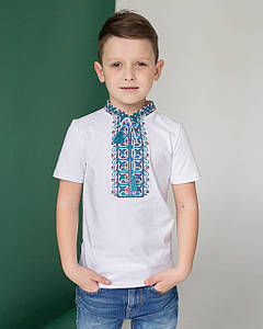 Вишита футболка для хлопчика з коротким рукавом Дем'ян янчик (синя вишивка) 146