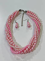 Рожеве намисто буси на шию перли рожеві плетені 47 см набір сережки петельки