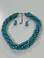 Бірюзові блакитні намистини на шию перли бірюзові плетені 47 см, набір сережки петельля