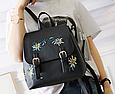 Рюкзак жіночий чорний із вишивкою етностіль водонепроникний поліуретан PU ранець з екошкіри міський модний, фото 6