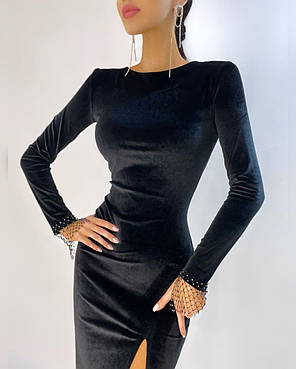 Жіноча сукня Nina з королівського оксамиту з розрізом та прикрасою на рукавах Smf5256, фото 3