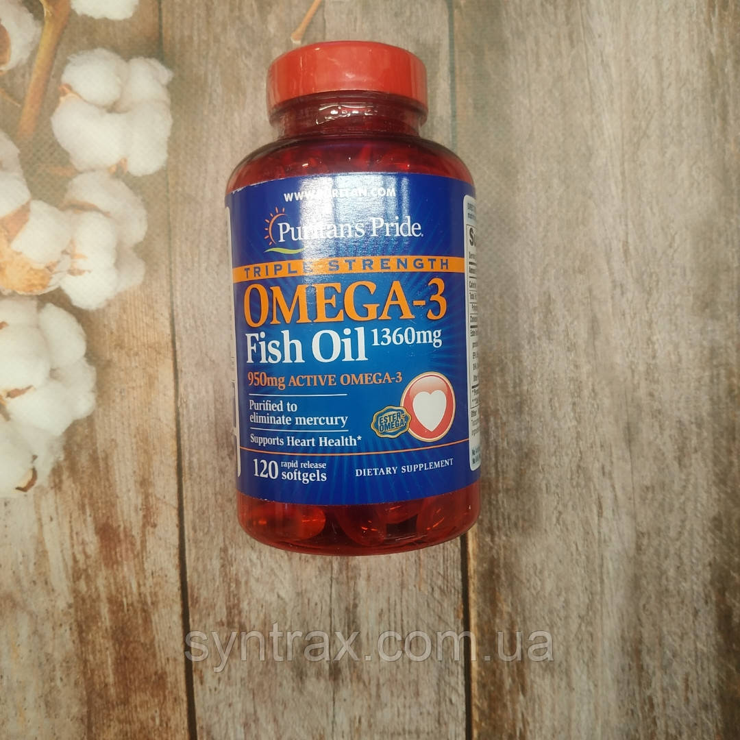 Puritan's Pride Omega-3 Fish Oil 120 caps 950 mg active omega, омега 3 риб'ячий жир