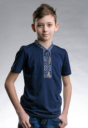Класична дитяча футболка з вишивкою «Козацька (синя вишивка)» 134, фото 2