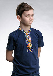 Дитяча футболка темно-синього кольору з вишивкою «Козацька (золота вишивка)» 122