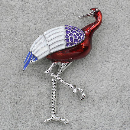 Брошка металева срібляста Цапля покрита кольоровою емаллю розмір виробу 3 х 5 см, фото 1