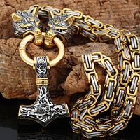 Мужская цепь ожерелье Steel rage сталь Gold 316L Скандинавский Волк Молот Тора 154 грамма 60 см