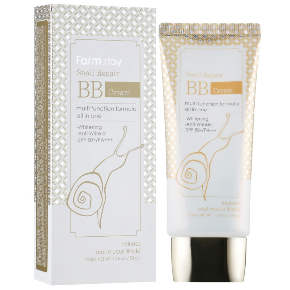 Сонцезахисний бежевий ББ крем для обличчя з муцином равлика Farmstay Snail Repair BB Cream SPF50+/Pa +++ 50 г, фото 1