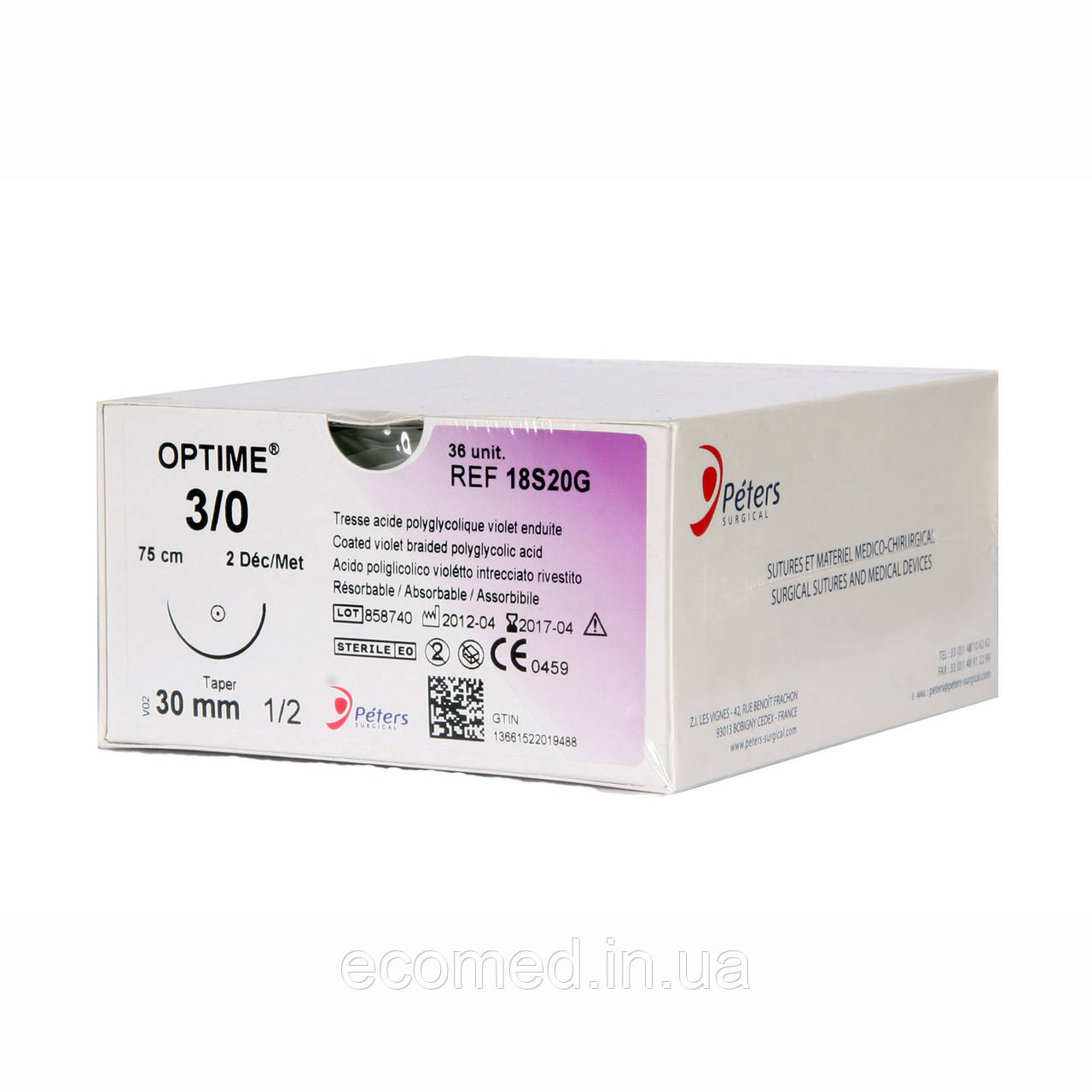 Нитка, що розсмоктується, OPTIME (Вікрил) 3/0, колюча 22мм, 1/2, довжина 75CM, 1шт., фото 1