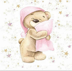 Панелька із сатину "Ведмедик з рожевою подушкою та зірками" розміром 33*33 см
