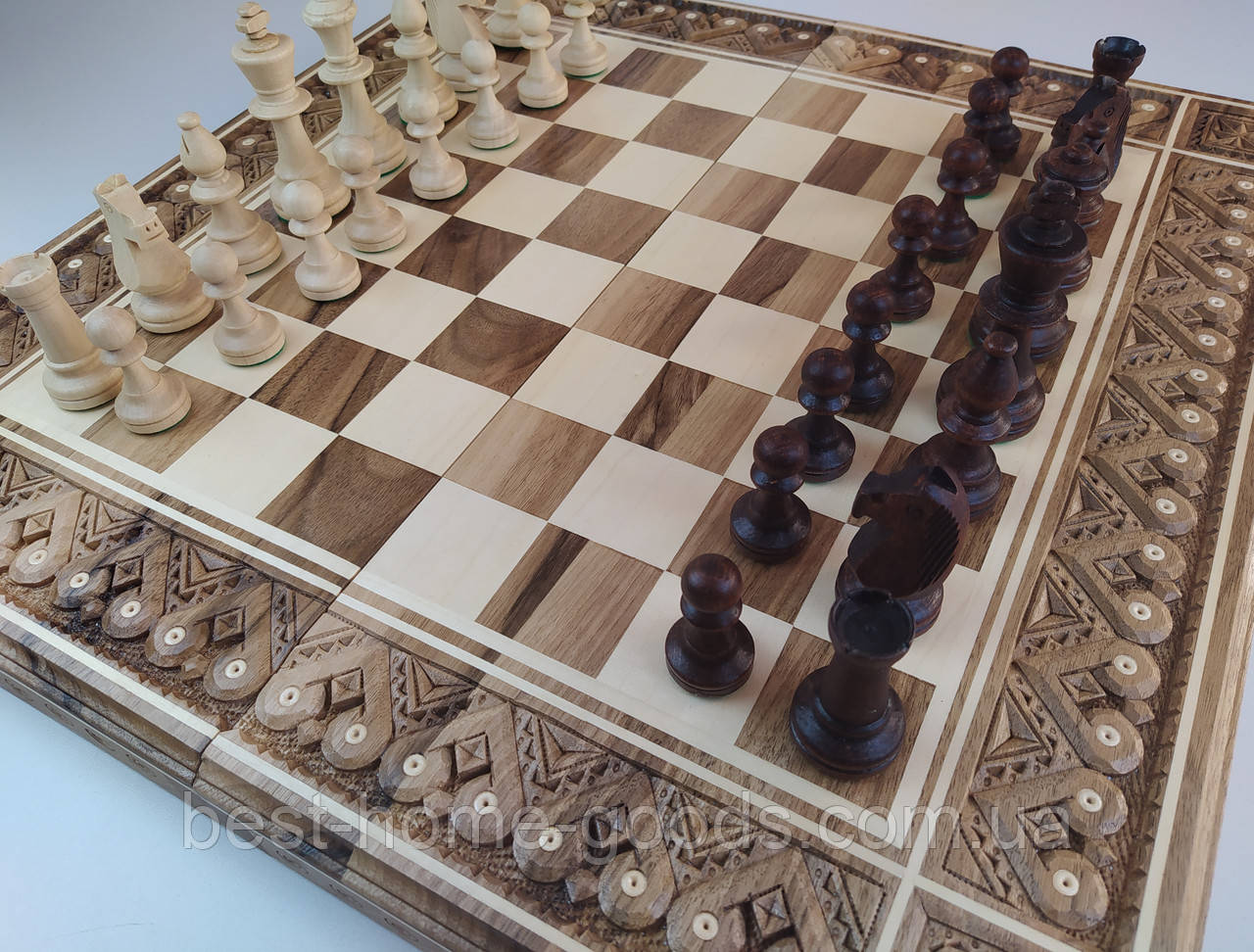 Шахи дерев'яні різьблені ручної роботи набір 3 в 1 шахи, шашки, нарди., фото 1
