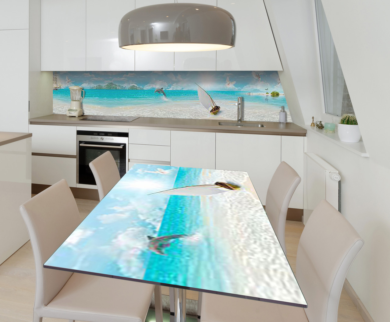 Наліпка 3Д вінілова на стіл Zatarga «Купання дельфіна» 650х1200 мм для будинків, квартир, столів, кофеєнь,