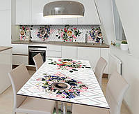 Наклейка 3Д виниловая на стол Zatarga «Цветочно-кофейная композиция» 600х1200 мм для домов, квартир, столов,