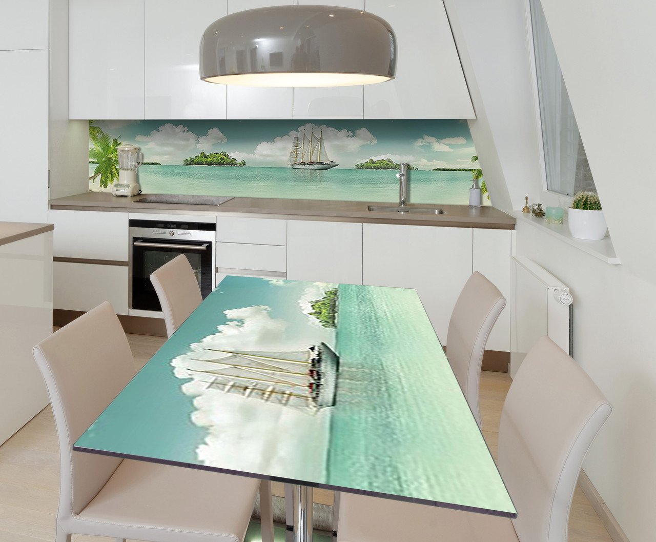 Наклейка 3Д вінілова на стіл Zatarga «Вітрильник у бухті» 600х1200 мм для будинків, квартир, столів, кофеєнь, кафе, фото 1