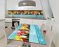 Наклейка 3Д виниловая на стол Zatarga «Тюльпаны в кашпо» 600х1200 мм для домов, квартир, столов, кофейн, кафе