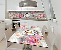 Наклейка 3Д виниловая на стол Zatarga «Орхидеи и латте» 600х1200 мм для домов, квартир, столов, кофейн, кафе