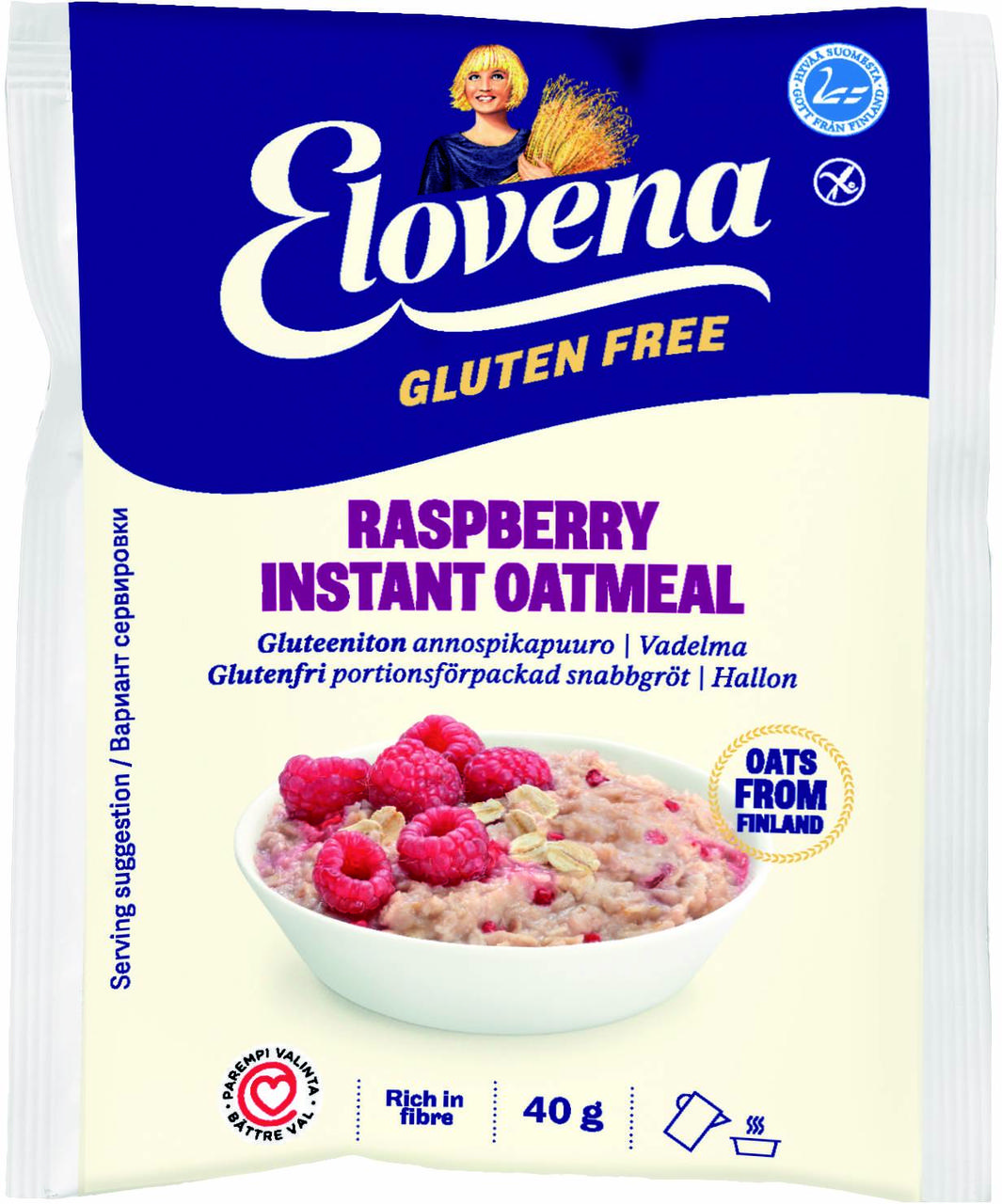 Вівсяна каша з малиною моментального приготування без глютену ELOVENA 40г, (20шт/ящ)