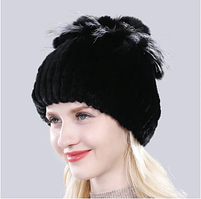 Чорна жіноча шапка з хутра кролика Рекс і чорнобурки