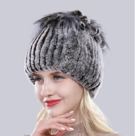 Сіра жіноча шапка з хутра кролика Рекс і чорнобурки