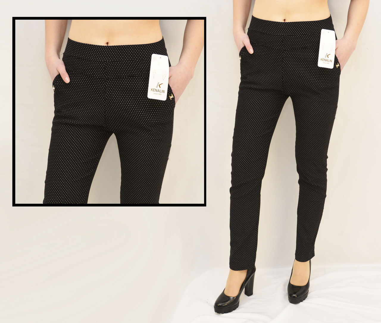 Штани жіночі в крапку з кишенями Kenalin Лосини бавовняні офісні в горошок (р-р 2XL-3XL, Чорний)