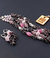 Комплект браслет та сережки з натурального рожевого кварцу та гранату "Насолода" авторська робота.