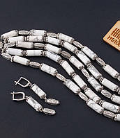 Комплект браслет та сережки з натурального каменю кахолонг "Акварель" авторська робота.