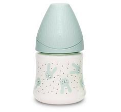 Пляшечка, 150 мл, кругла соска повільний потік, "Hygge:Затишні історії"/бірюзовий зайчик
