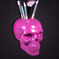 Розовый череп из гипса с отверстием.Подставка-органайзер для кистей и карандашей
