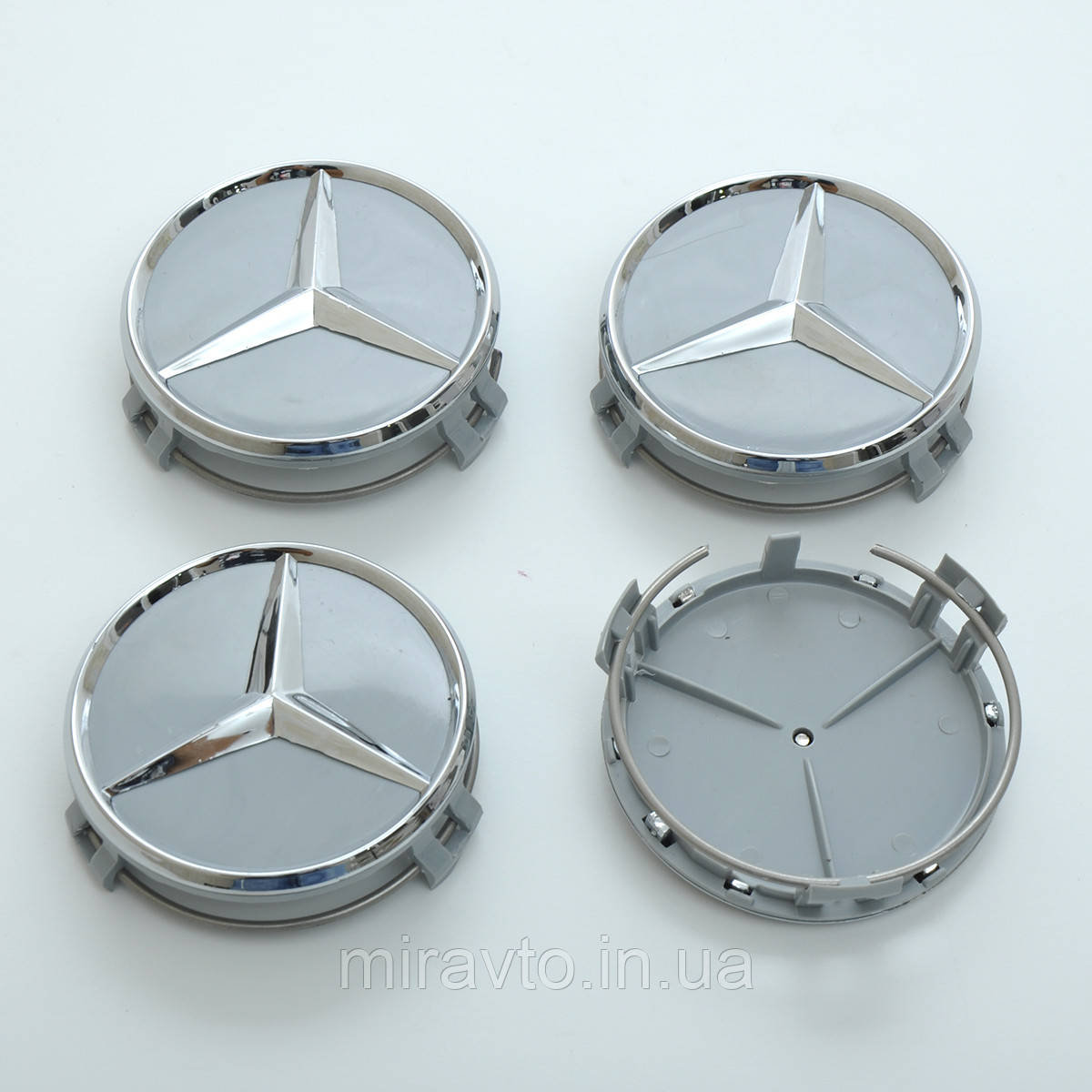Ковпачки на титани "Mercedes" (75/70мм) сер/хром. пластик об'ємний логотип + кільце (4шт)