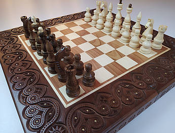 Шахи дерев'яні різьблені ручної роботи набір 3 в 1 шахи, шашки, нарди.