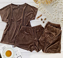 Плюшева піжама-трійка футболка шорти штани S-M шоколад
