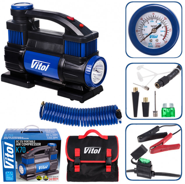 Автомобільний компресор VITOL K-70 150psi/23Amp/90 л/2 циліндри/шланг 5,0 м/клеми