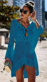 Туніка пляжна жіноча синя ажурна в'язана