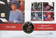 Фолклендские острова 50 пенсов 2002 UNC Золотой юбилей королевы Елизаветы II На троне в сувенирной упаковке
