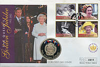 Фолклендские острова 50 пенсов 2002 UNC Золотой юбилей королевы Елизаветы II Троне в сувенирной упаковке