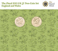 Великобритания набор из 2 монет по 1 фунту 2013 «Англия и Уэльс» UNC в блистере