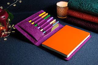 Обкладинка з пеналом для щоденника формату А5 "Модель №16", Вінтажна шкіра, колір Рожевий, Відбиток №3, фото 2