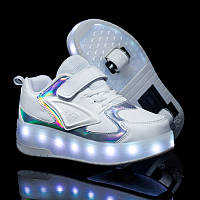 Роликовые кроссовки с LED подсветкой, белые на 2-х колесах, размеры 28-39 (LR 1248)