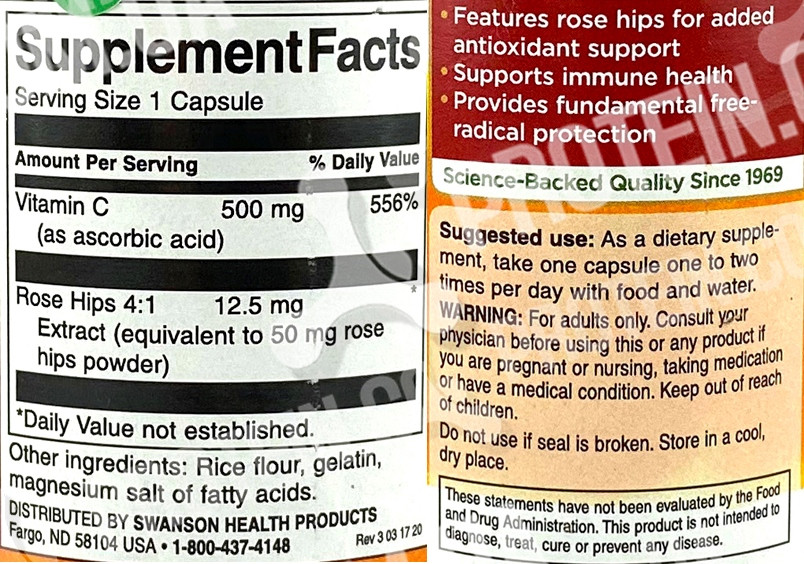 Витамин Ц с Шиповником USA ORIGINAL!!! Swanson Vitamin C with Rose Hips 500 мг 100 капс - фото 5 - id-p1293994218