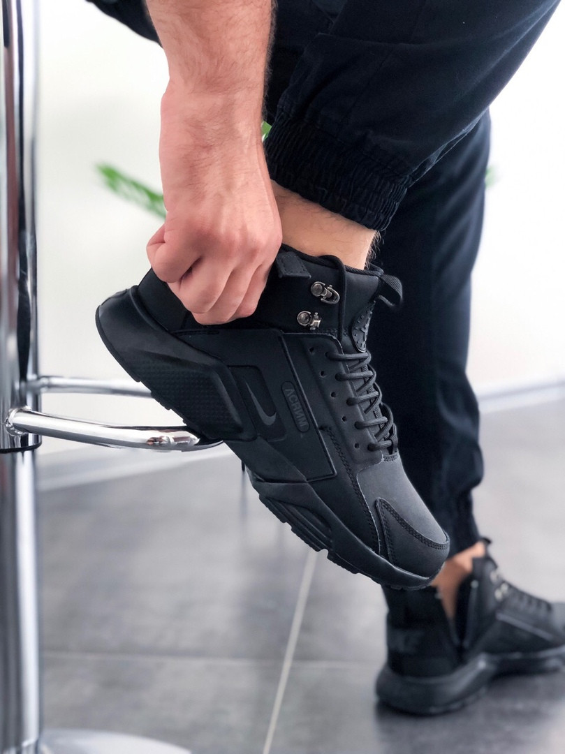 Чоловічі зимові кросівки Nike Huarache City Black Winter fur Acronym Найк Хуарачі чорні термо