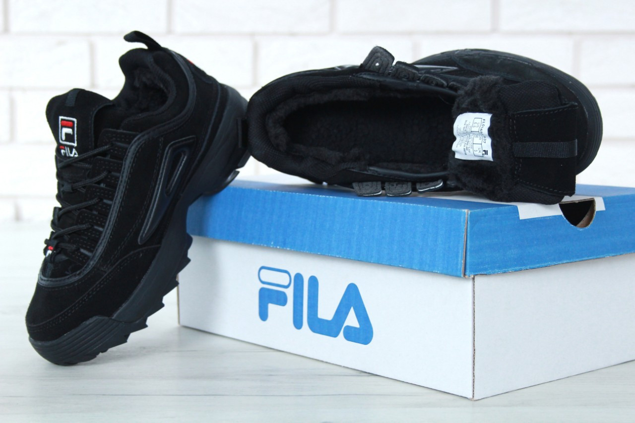 Жіночі зимові кросівки Fila Disruptor II FUR Black (чорні) Взуття Філа Дизраптор 2 Вєтнам низькі натуральний замш хутро 36,38 р